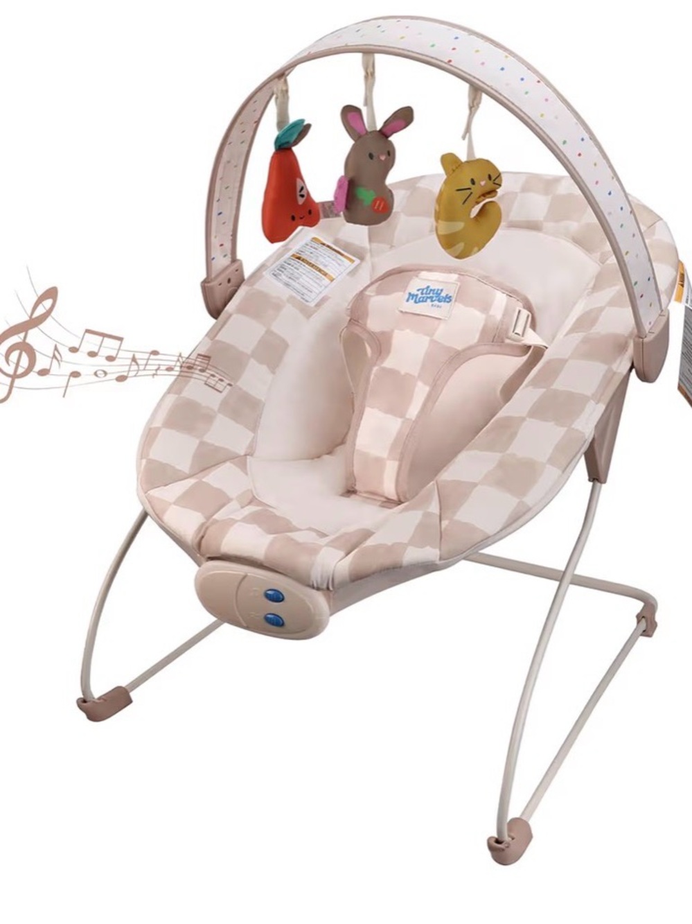 Tiny Marvels Beige Check Baby Bouncer with Toy Bar